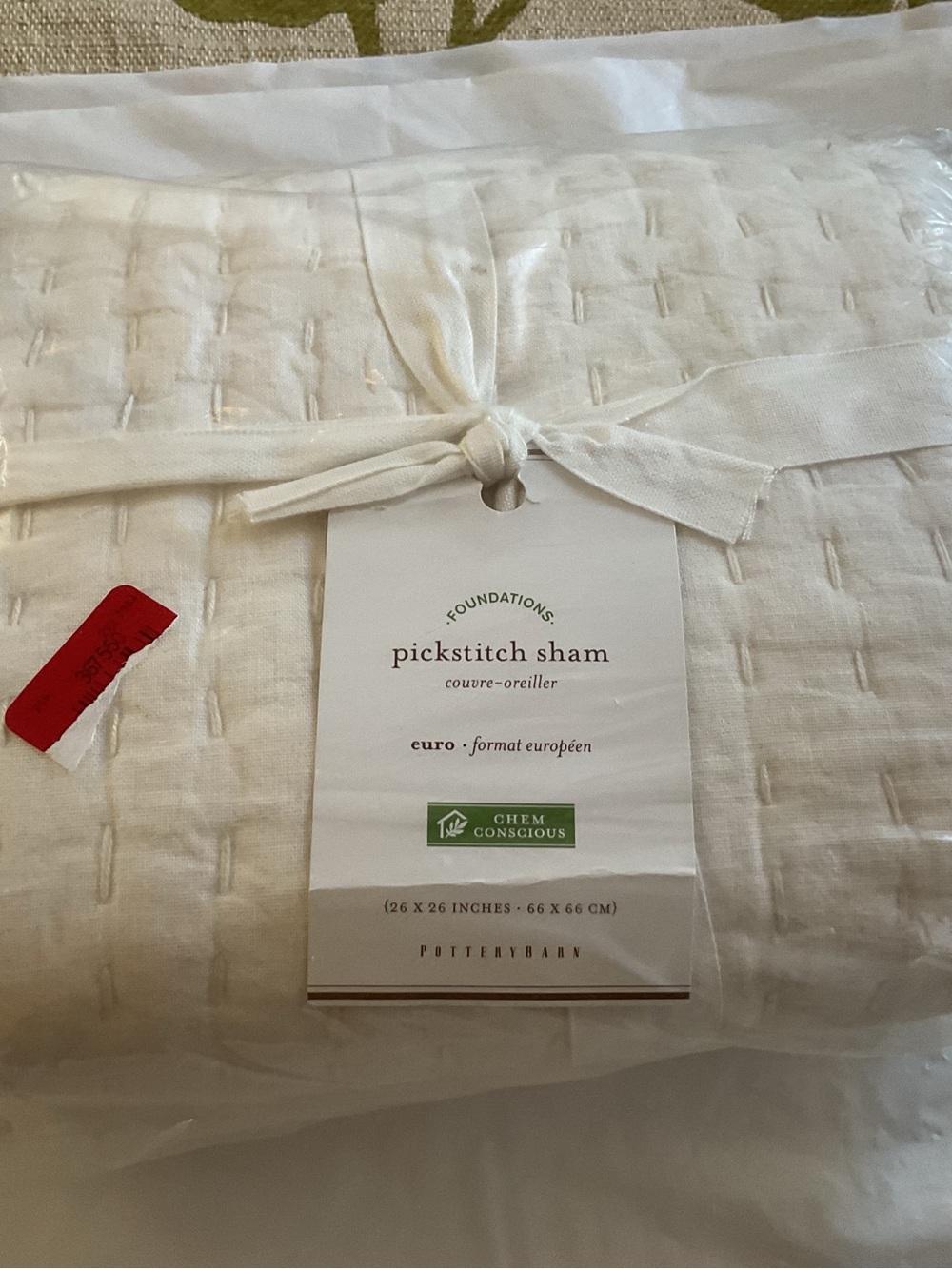 Pottery Barn Ivory Pick-Stitch Handcrafted Quilted Sham Euro 26x26”-New W/Tags